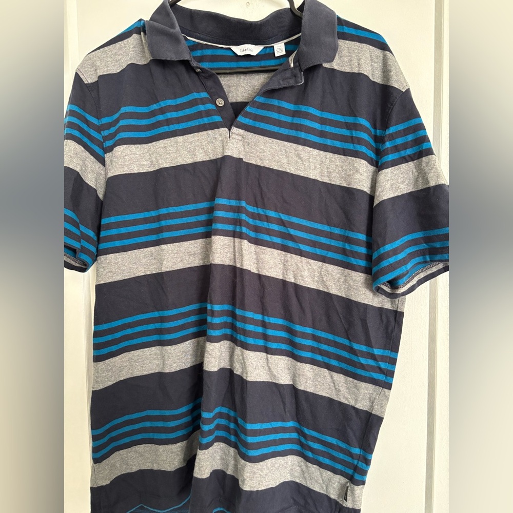 Calvin Klein Navy and Teal Striped Polo